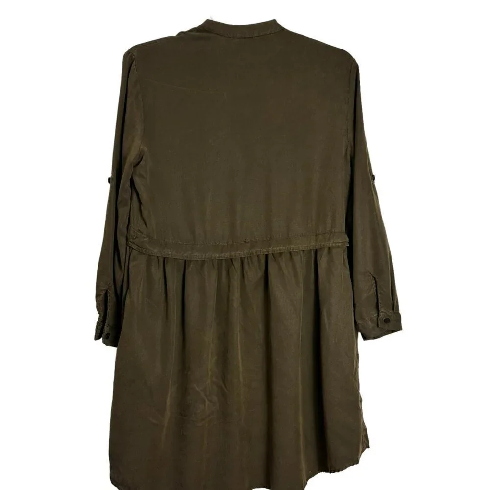 Zara Olive Green Beaded Shirt Dress Long Sleeve Utility Chic Size S - Picture 9 of 12